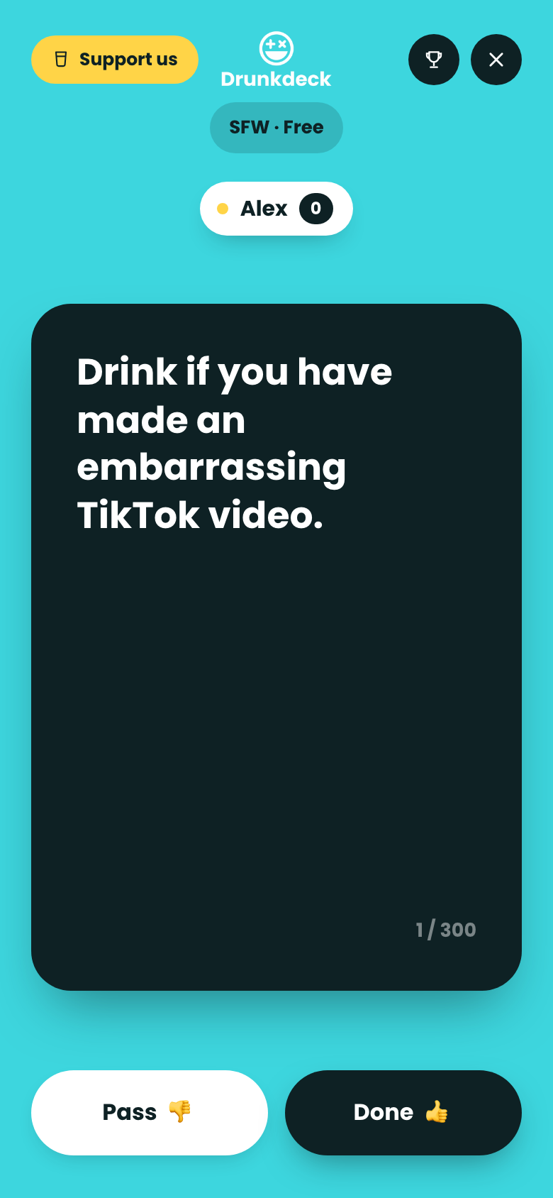 The game screen showing the current player's name above the card
