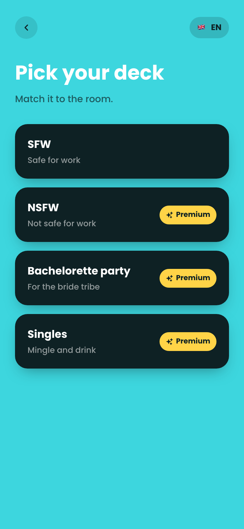 The category list with SFW and NSFW options